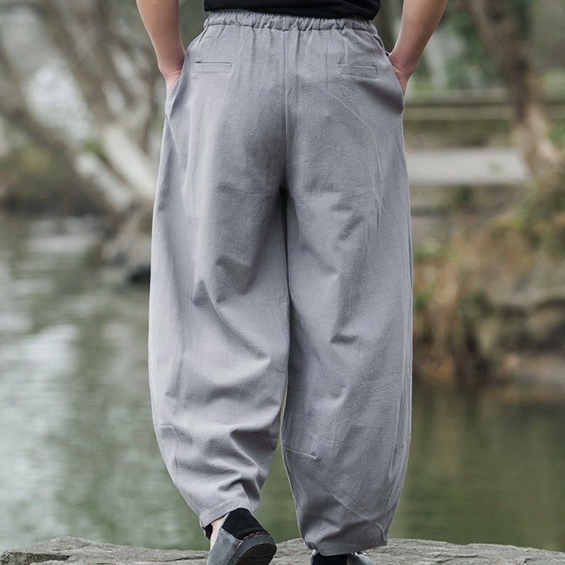 Pantaloni da uomo Buddha Stones in lino casual tinta unita con tasche - image 14