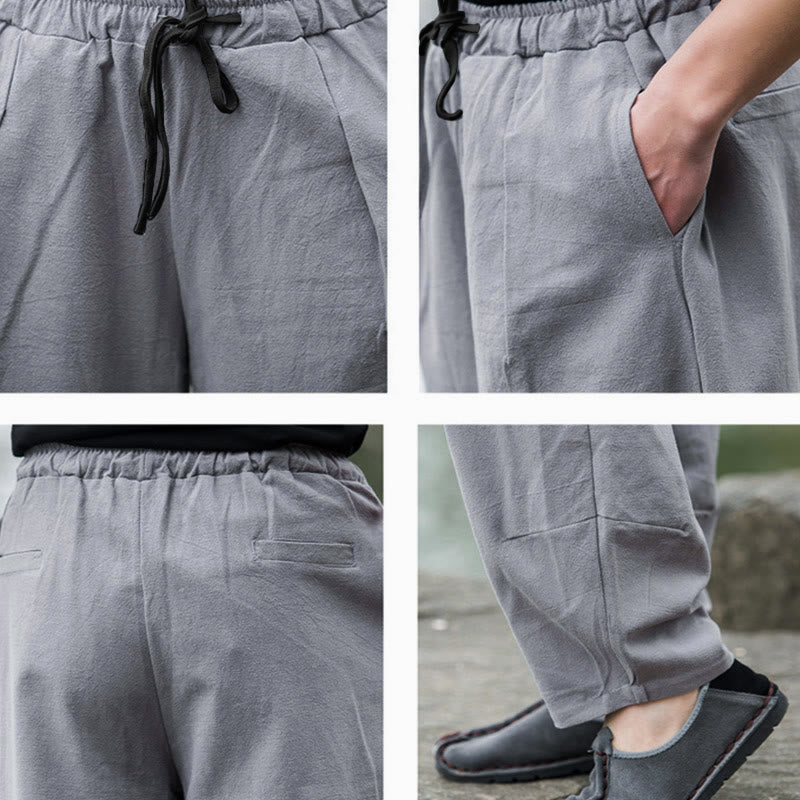 Pantaloni da uomo Buddha Stones in lino casual tinta unita con tasche - image 16