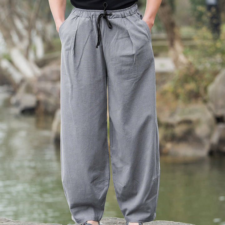 Pantaloni da uomo Buddha Stones in lino casual tinta unita con tasche - image 15
