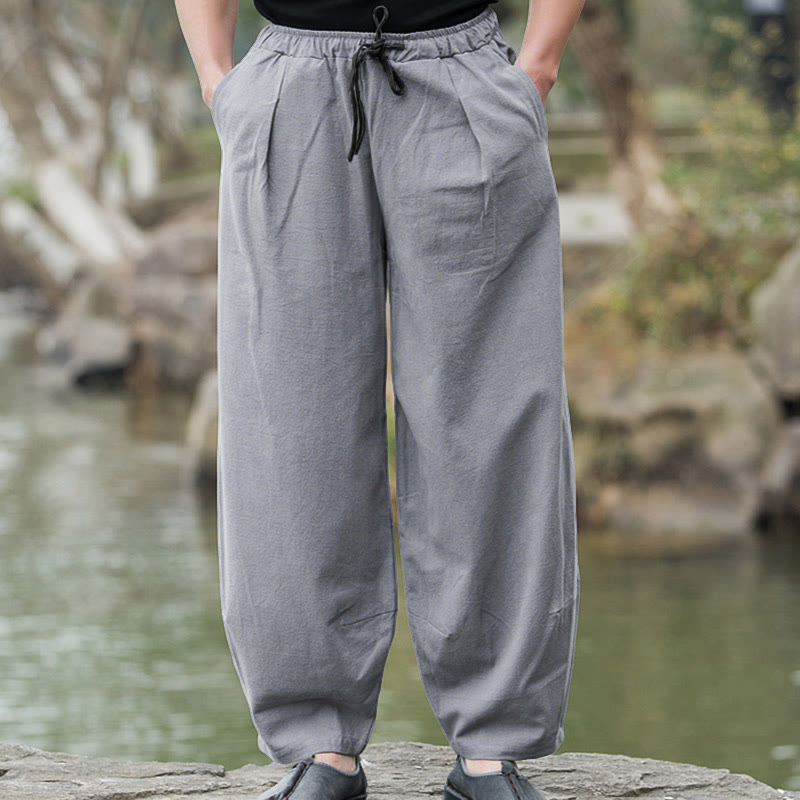 Pantaloni da uomo Buddha Stones in lino casual tinta unita con tasche - image 12