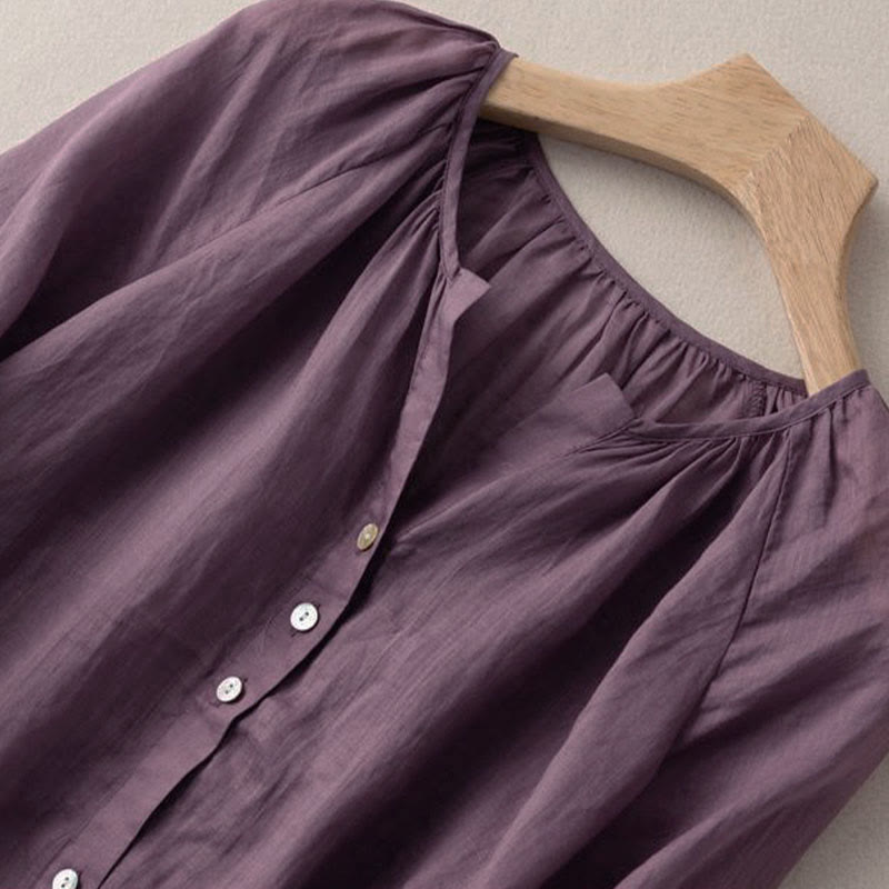 Camicia da donna in cotone con scollo a V, maniche a sbuffo e bottoni vintage Buddha Stones - image 6