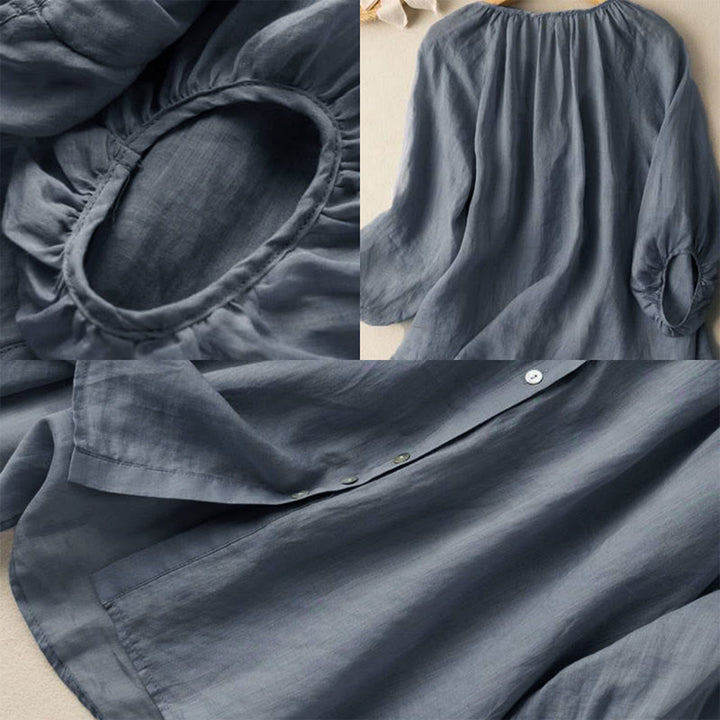 Camicia da donna in cotone con scollo a V, maniche a sbuffo e bottoni vintage Buddha Stones - image 5