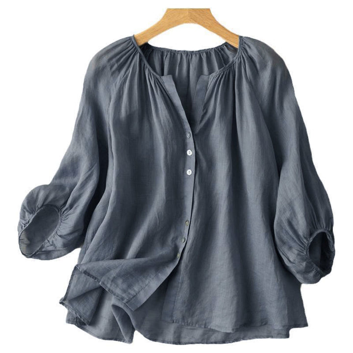 Camicia da donna vintage con bottoni e maniche a tre quarti a sbuffo e scollo a V, con stampa Buddha Stones. - image 2