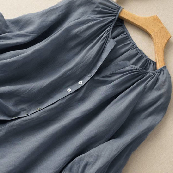 Camicia da donna in cotone con scollo a V, maniche a sbuffo e bottoni vintage Buddha Stones - image 4