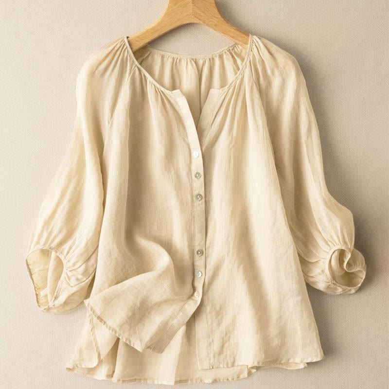 Camicia da donna in cotone con scollo a V, maniche a sbuffo e bottoni vintage Buddha Stones - PaleGoldenrod - US14, UK/AU18, EU46 (4XL) - image 10