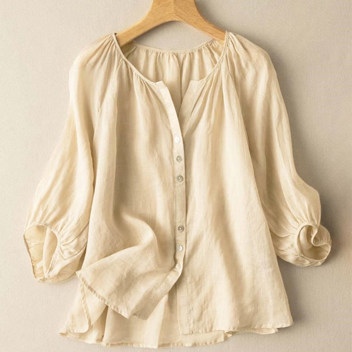 Camicia da donna vintage con bottoni e maniche a tre quarti a sbuffo e scollo a V, con stampa Buddha Stones. - Verga d'oro pallida - US14, UK/AU18, EU46 (4XL) - image 9