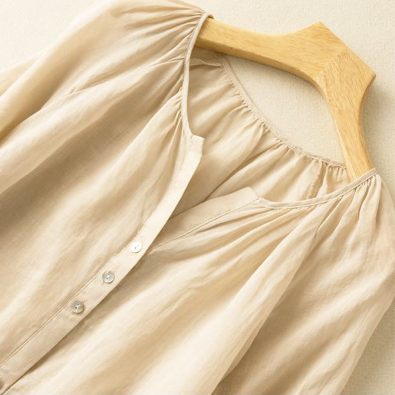 Camicia da donna con scollo a V, maniche a sbuffo e bottoni vintage Buddha Stones - image 11