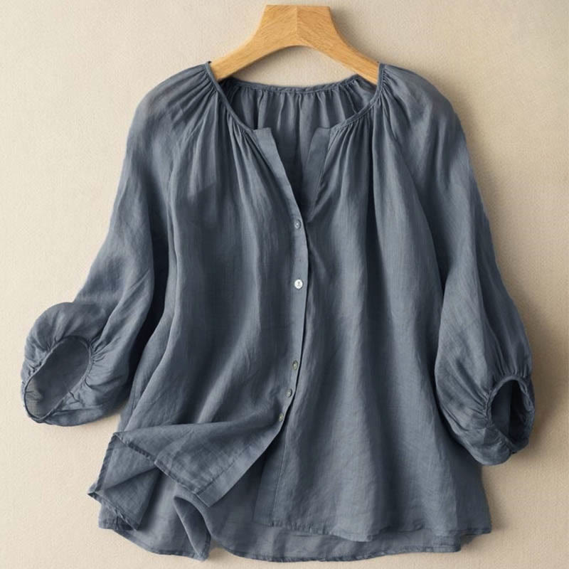 Camicia da donna vintage con bottoni e maniche a tre quarti a sbuffo e scollo a V, con stampa Buddha Stones. - SteelBlue - US14, UK/AU18, EU46 (4XL) - image 0