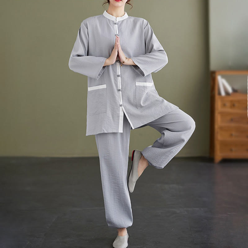 Set da donna di abbigliamento da meditazione Zen con maglietta e pantaloni in cotone Tai Chi, 2 pezzi, motivo : Buddha Stones - BluAcciaioChiaro - US8-10, UK/AU12-14, EU40-42 (2XL) - image 1