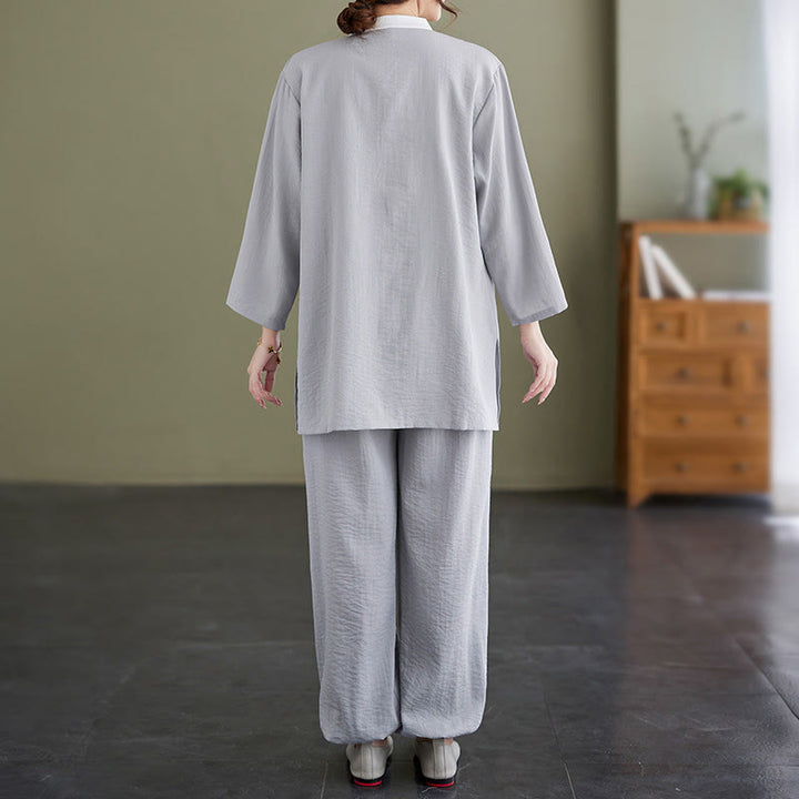 Set da donna di abbigliamento da meditazione Zen con maglietta e pantaloni in cotone Tai Chi, 2 pezzi, motivo : Buddha Stones - image 3