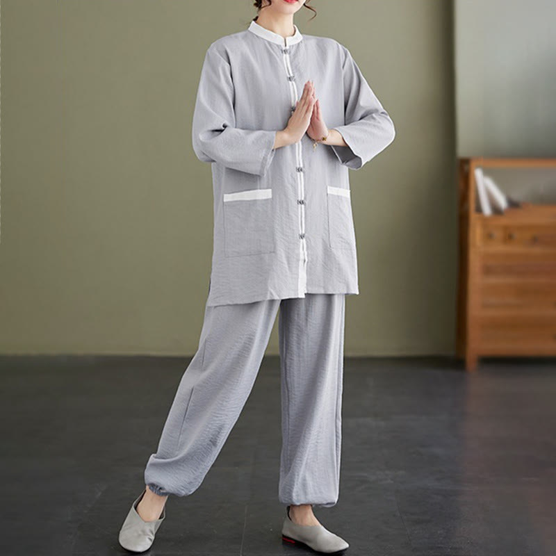 Set da donna di abbigliamento da meditazione Zen con maglietta e pantaloni in cotone Tai Chi, 2 pezzi, motivo : Buddha Stones - image 2