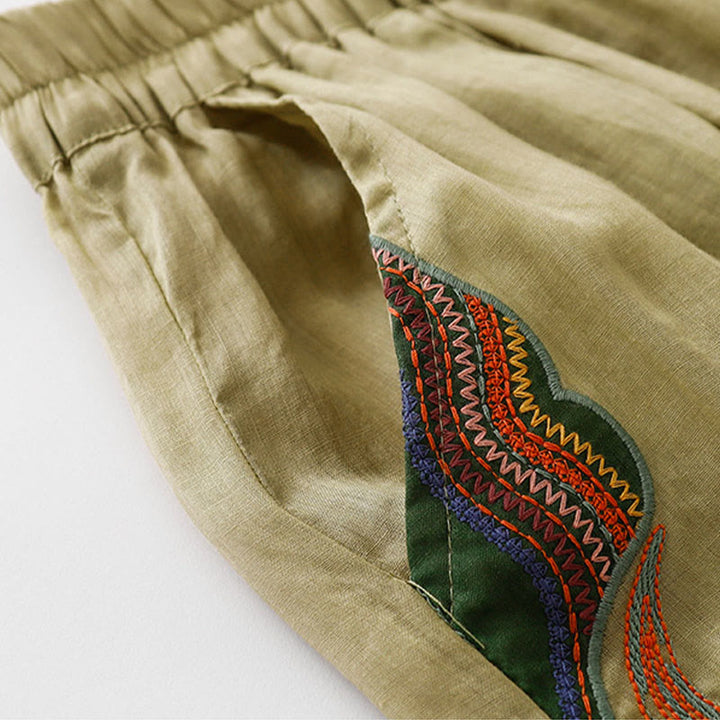 Pantaloni larghi da donna in cotone e lino con elastico in vita, con tasche, motivo Buddha Stones, ricamo floreale casual - image 3