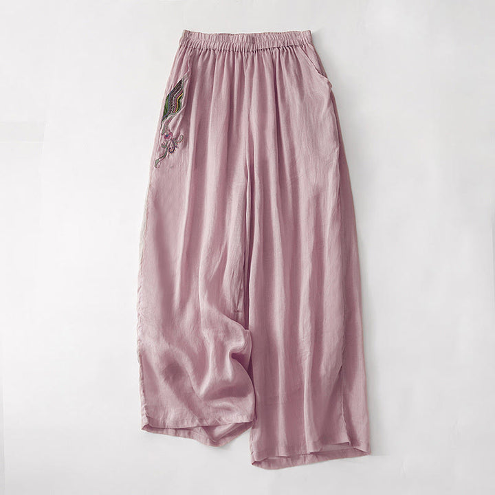 Pantaloni larghi da donna in cotone e lino con elastico in vita, con tasche, motivo Buddha Stones, ricamo floreale casual - RossoViolaPale - US8-10, UK/AU12-14, EU40-42 (2XL) - image 8