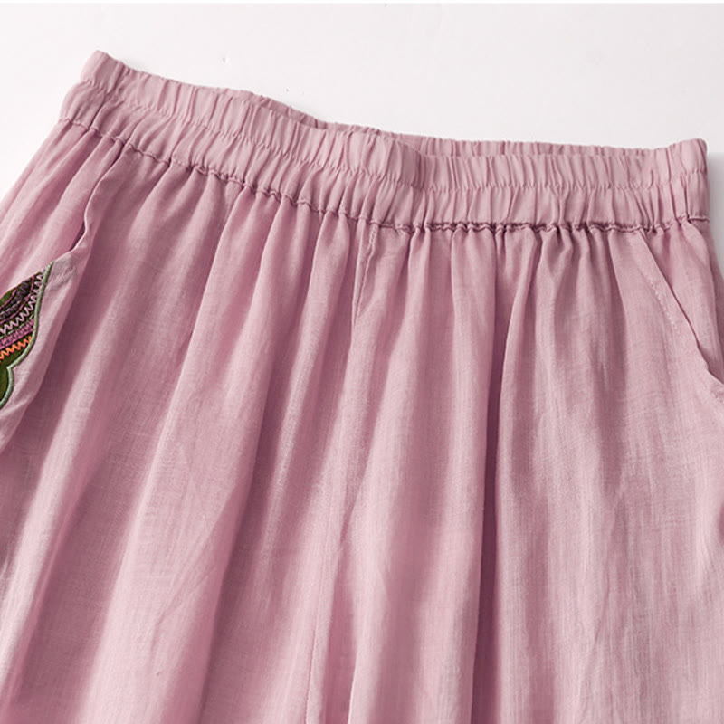 Pantaloni larghi da donna in cotone e lino con elastico in vita, con tasche, motivo Buddha Stones, ricamo floreale casual - image 9