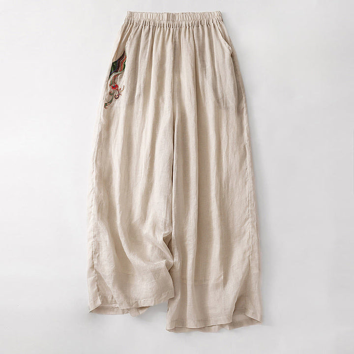 Pantaloni larghi da donna in cotone e lino con elastico in vita, con tasche, motivo Buddha Stones, ricamo floreale casual - Bianco antico - US8-10, UK/AU12-14, EU40-42 (2XL) - image 18
