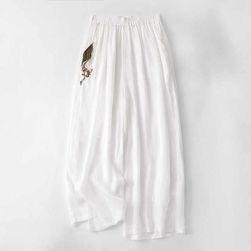 Pantaloni larghi da donna in cotone e lino con elastico in vita, con tasche, motivo Buddha Stones, ricamo floreale casual - Bianco - US8-10, UK/AU12-14, EU40-42 (2XL) - image 26