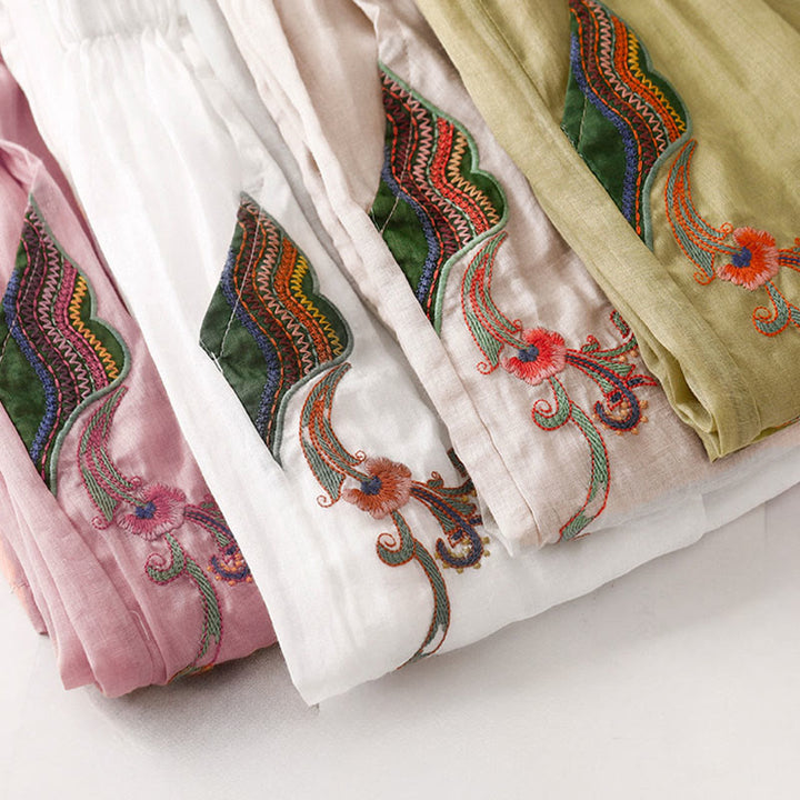 Pantaloni larghi da donna in cotone e lino con elastico in vita, con tasche, motivo Buddha Stones, ricamo floreale casual - image 35