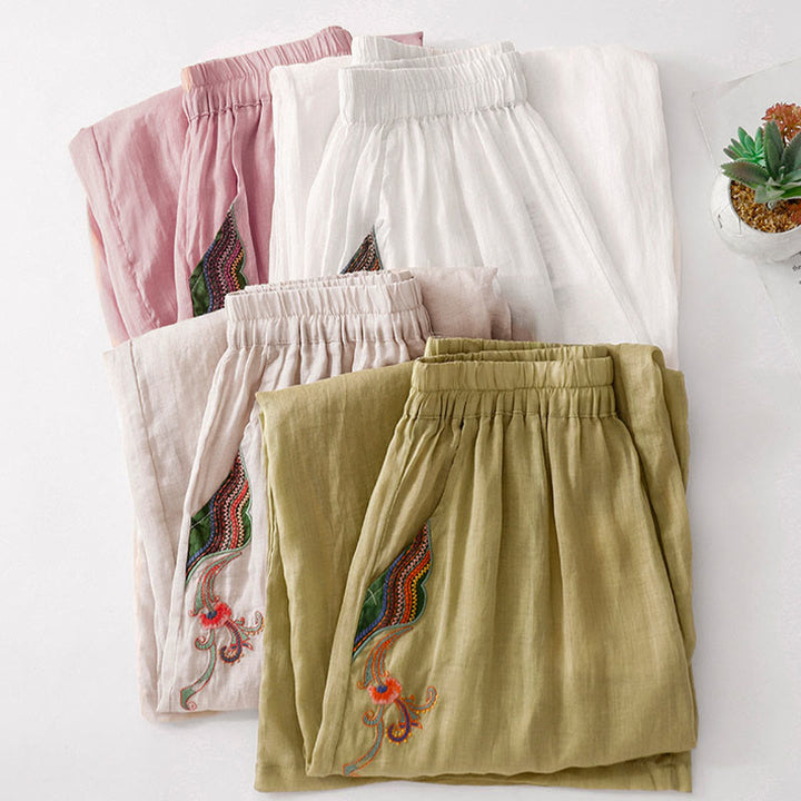 Pantaloni larghi da donna in cotone e lino con elastico in vita, con tasche, motivo Buddha Stones, ricamo floreale casual - image 33
