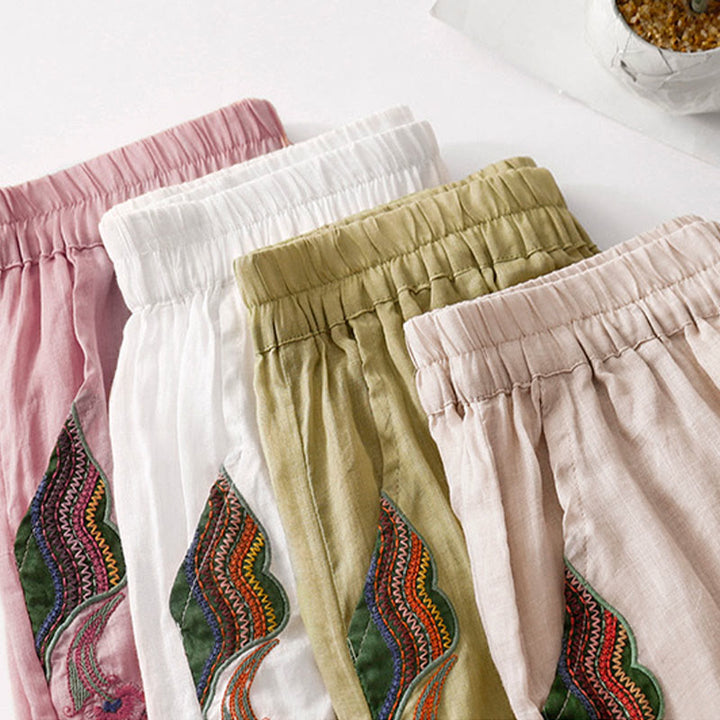 Pantaloni larghi da donna in cotone e lino con elastico in vita, con tasche, motivo Buddha Stones, ricamo floreale casual - image 34