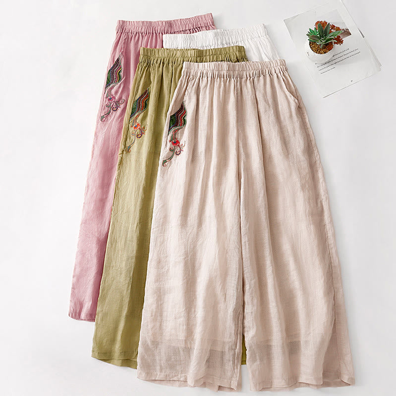 Pantaloni larghi da donna in cotone e lino con elastico in vita, con tasche, motivo Buddha Stones, ricamo floreale casual - image 32