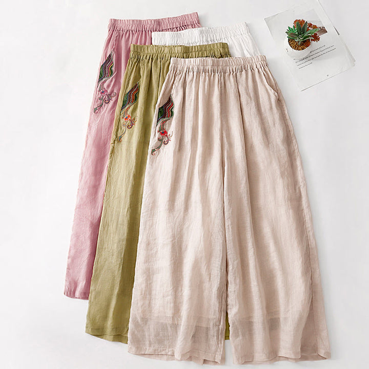 Pantaloni larghi da donna in cotone e lino con elastico in vita, con tasche, motivo Buddha Stones, ricamo floreale casual - image 32