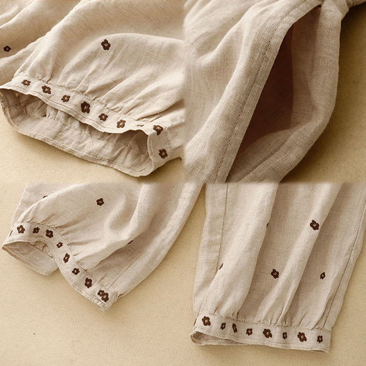 Pantaloni harem da donna in cotone e lino con tasche, lunghezza 7-8, con petali ricamati e Buddha Stones - image 5