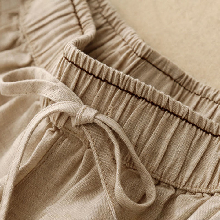 Pantaloni harem da donna in cotone e lino con tasche, lunghezza 7-8, con petali ricamati e Buddha Stones - image 3