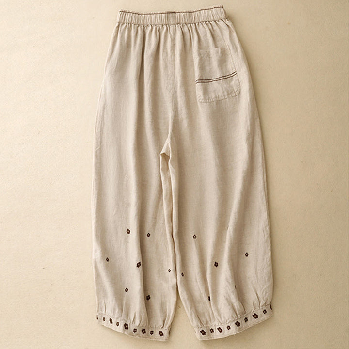 Pantaloni harem da donna in cotone e lino con tasche, lunghezza 7-8, con petali ricamati e Buddha Stones - image 1