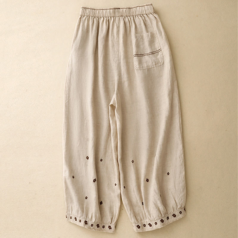 Pantaloni harem da donna in cotone e lino con tasche, lunghezza 7-8, con petali ricamati e Buddha Stones - image 1