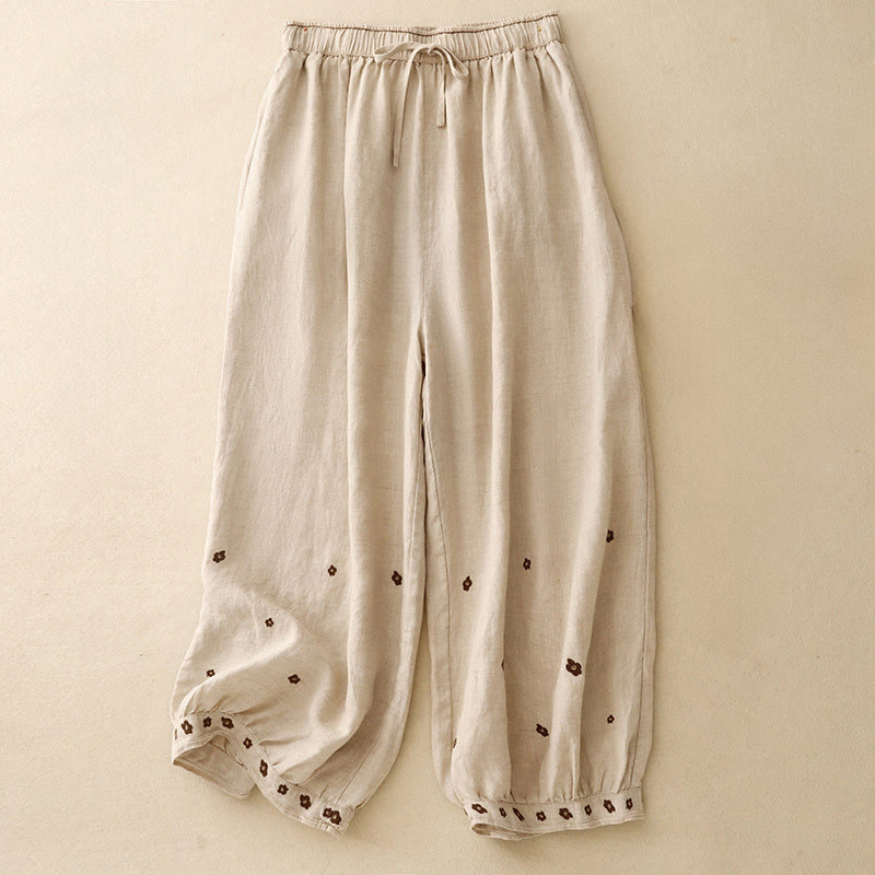 Pantaloni harem da donna in cotone e lino con tasche, lunghezza 7-8, con petali ricamati e Buddha Stones - Grano - US12, UK/AU16, EU44 (2XL) - image 0