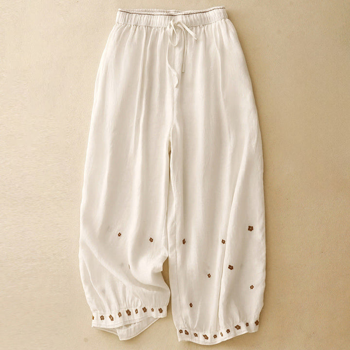 Pantaloni harem da donna in cotone e lino con tasche, lunghezza 7-8, con petali ricamati e Buddha Stones - Biancheria - US12, UK/AU16, EU44 (2XL) - image 7