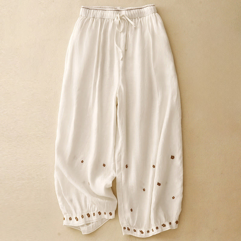 Pantaloni harem da donna in cotone e lino con tasche, lunghezza 7-8, con petali ricamati e Buddha Stones - Biancheria - US12, UK/AU16, EU44 (2XL) - image 6