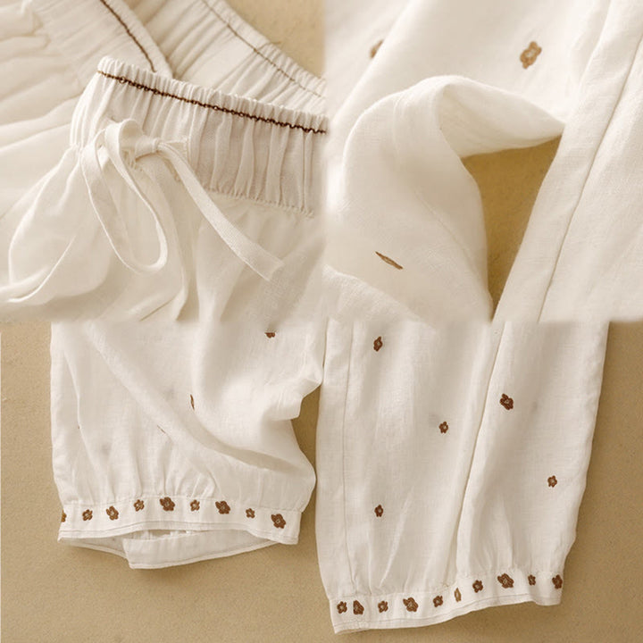 Pantaloni harem da donna in cotone e lino con tasche, lunghezza 7-8, con petali ricamati e Buddha Stones - image 9