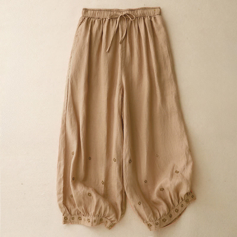 Pantaloni harem da donna in cotone e lino con tasche, lunghezza 7-8, con petali ricamati e Buddha Stones - SandyBrown - US12, UK/AU16, EU44 (2XL) - image 9