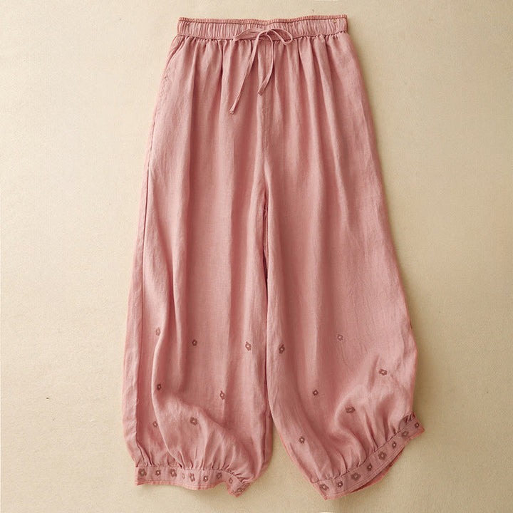Pantaloni harem da donna in cotone e lino con tasche, lunghezza 7-8, con petali ricamati e Buddha Stones - Corallo chiaro - US12, UK/AU16, EU44 (2XL) - image 12