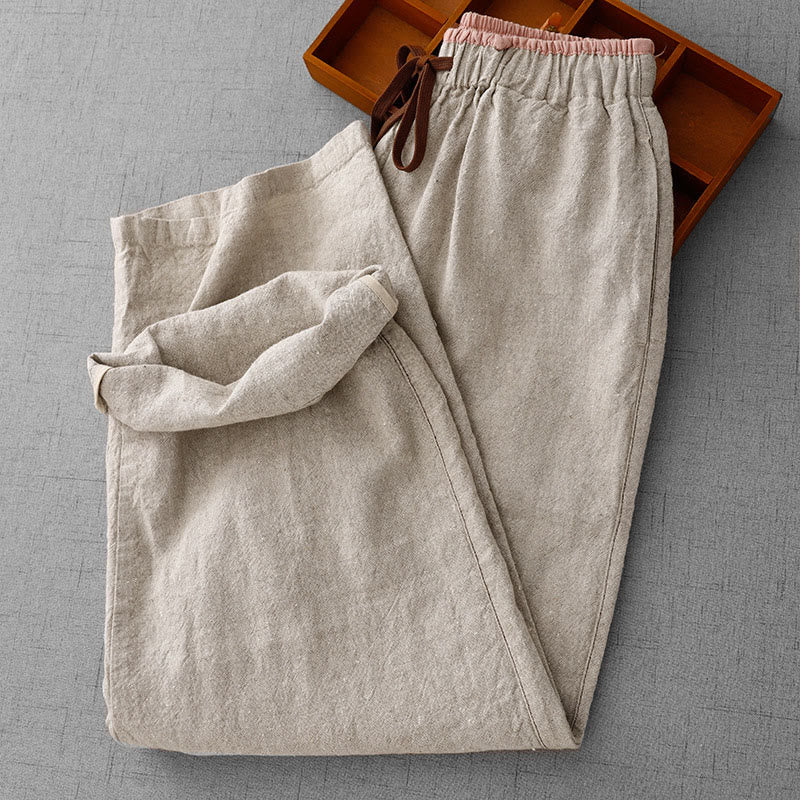 Pantaloni da Buddha Stones in cotone e lino con tasche, casual, da giorno, con coulisse, dal design semplice - image 3