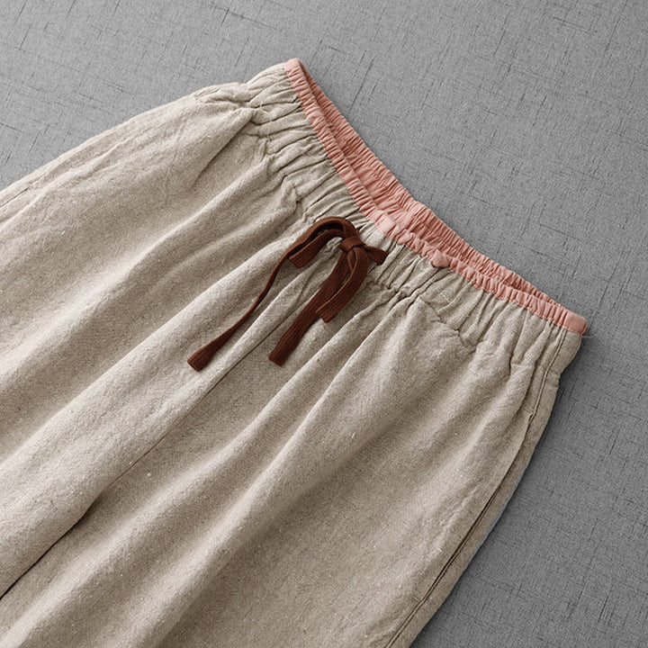 Pantaloni da Buddha Stones in cotone e lino con tasche, casual, da giorno, con coulisse, dal design semplice - image 3