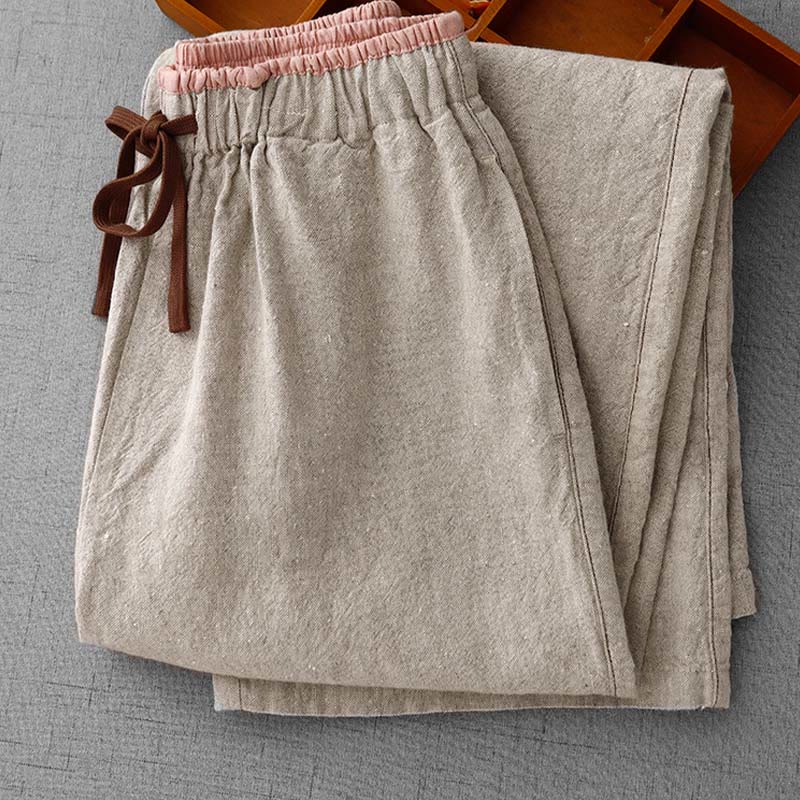 Pantaloni da Buddha Stones in cotone e lino con tasche, casual, da giorno, con coulisse, dal design semplice - image 4