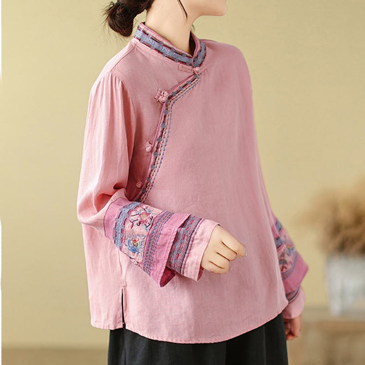 Camicia da donna in cotone e lino con bottoni obliqui ricamati con Buddha Stones - image 15