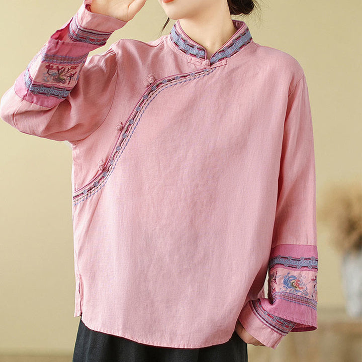 Camicia da donna in cotone e lino con bottoni obliqui ricamati con Buddha Stones - Rosa - US8-10, UK/AU12-14, EU40-42 (2XL) - image 13
