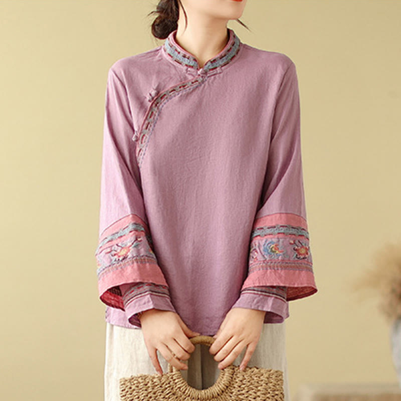 Camicia da donna in cotone e lino con bottoni obliqui ricamati con Buddha Stones - image 2