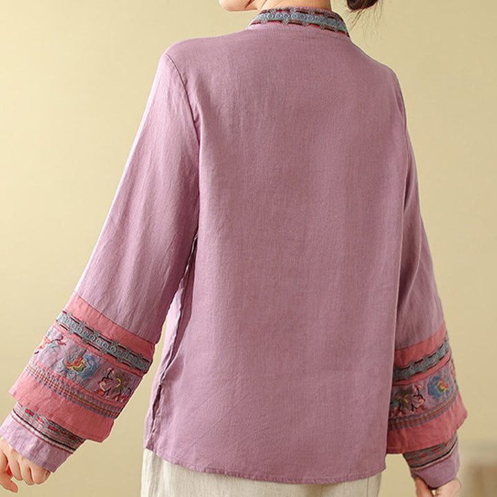 Camicia da donna in cotone e lino con bottoni obliqui ricamati con Buddha Stones - image 5