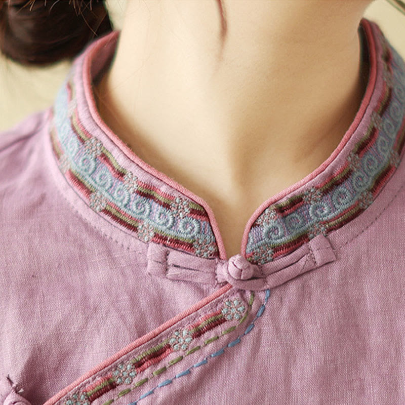 Camicia da donna in cotone e lino con bottoni obliqui ricamati con Buddha Stones - image 12