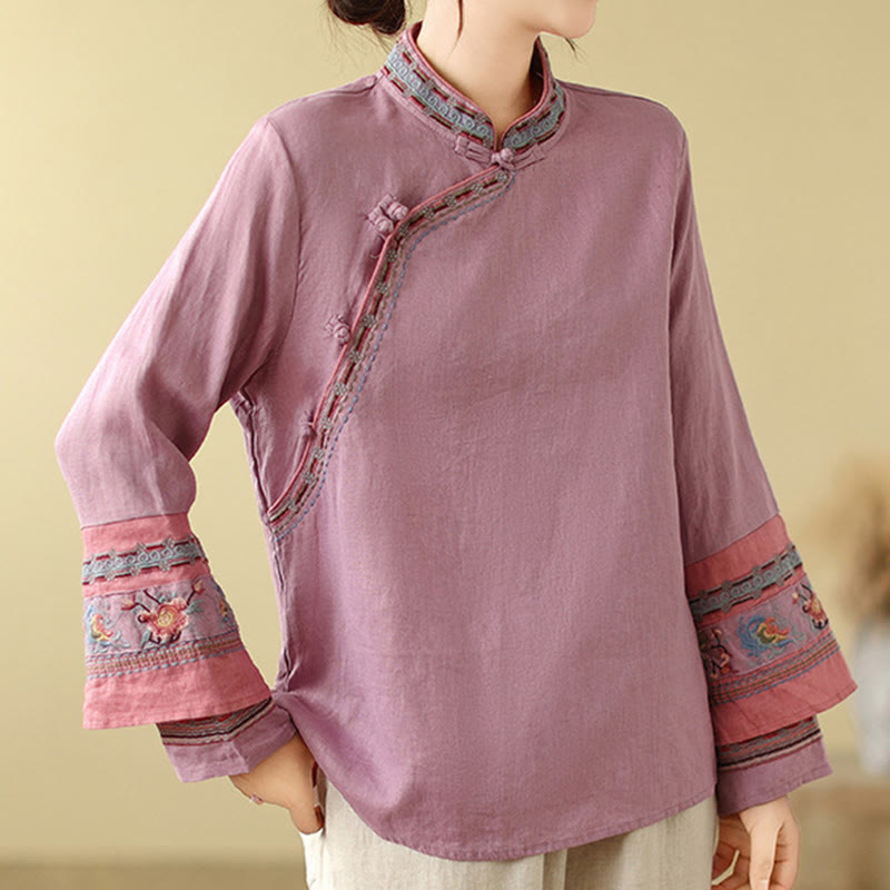 Camicia da donna in cotone e lino con bottoni obliqui ricamati con Buddha Stones - image 3