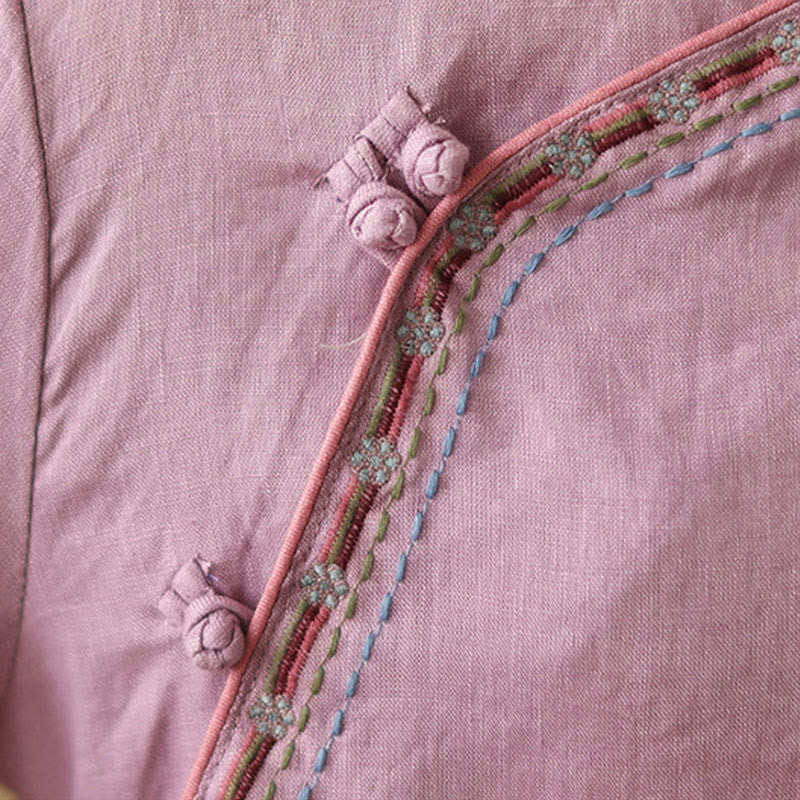 Camicia da donna in cotone e lino con bottoni obliqui ricamati con Buddha Stones - image 7