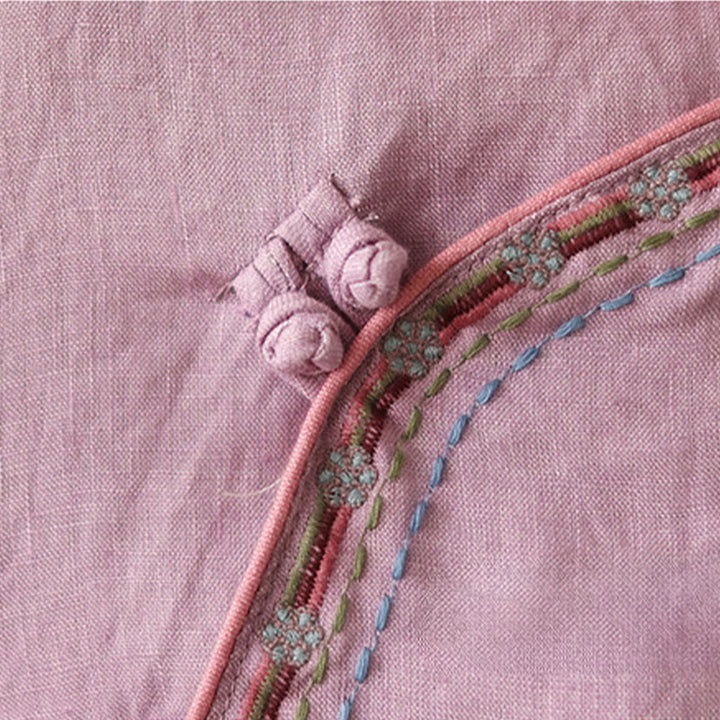 Camicia da donna in cotone e lino con bottoni obliqui ricamati con Buddha Stones - image 10