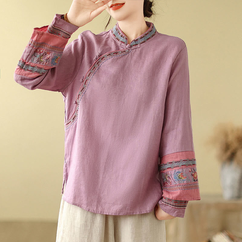 Camicia da donna in cotone e lino con bottoni obliqui ricamati con Buddha Stones - Prugna - US8-10, UK/AU12-14, EU40-42 (2XL) - image 0