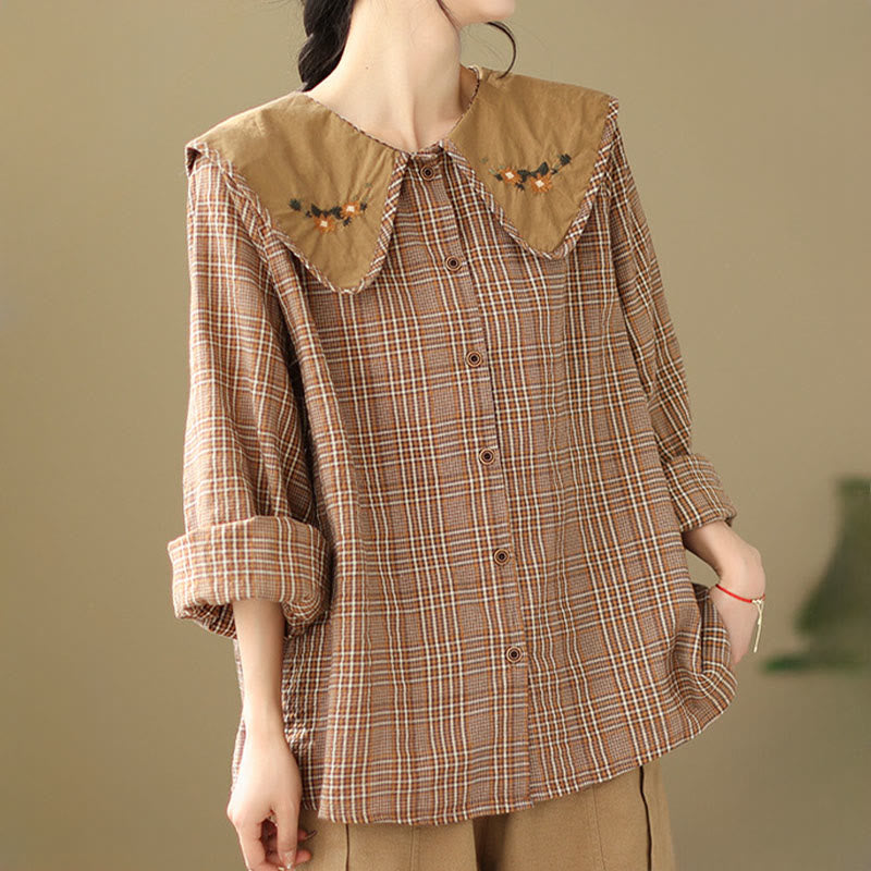 Camicia da donna in cotone con motivo scozzese ricamato con Buddha Stones - image 3