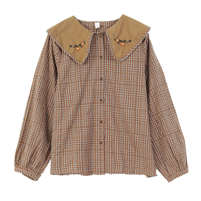 Camicia da donna in cotone con motivo scozzese ricamato con Buddha Stones - image 2