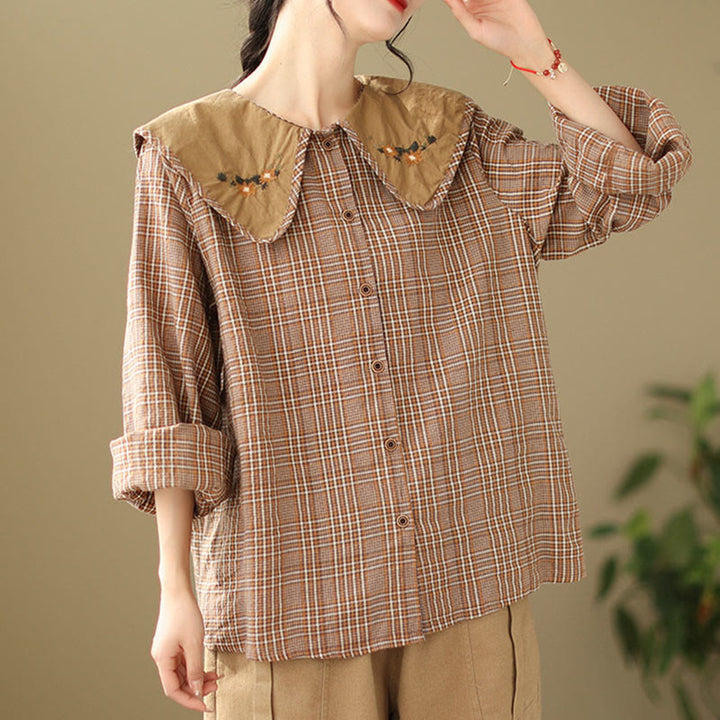 Camicia da donna in cotone con motivo scozzese ricamato con Buddha Stones - image 4